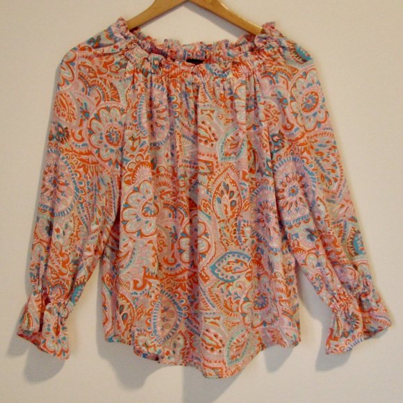Talbots Floral Boho Peasant Blouse Top Ruffle Off Shoulder Loose Pink Orange XS - Picture 1 of 12